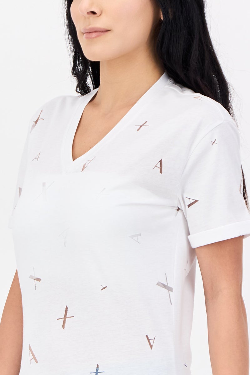 armani AX Armani Exchange Women V-Neck Short Sleeve Textured T-Shirt, White - Image 2